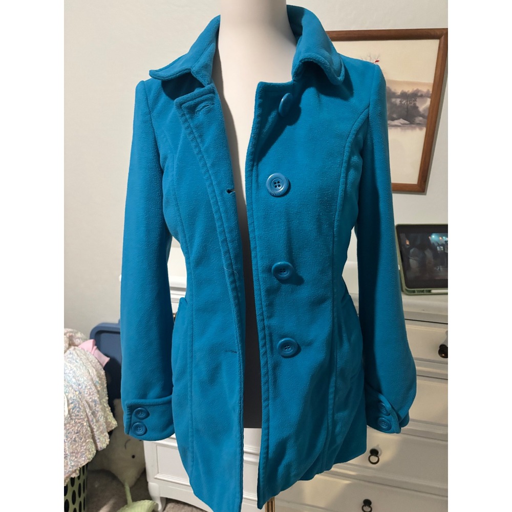 Y2K Fleece Pea Coat Wet Seal Teal Blue Button Up Mid Length Jacket Small